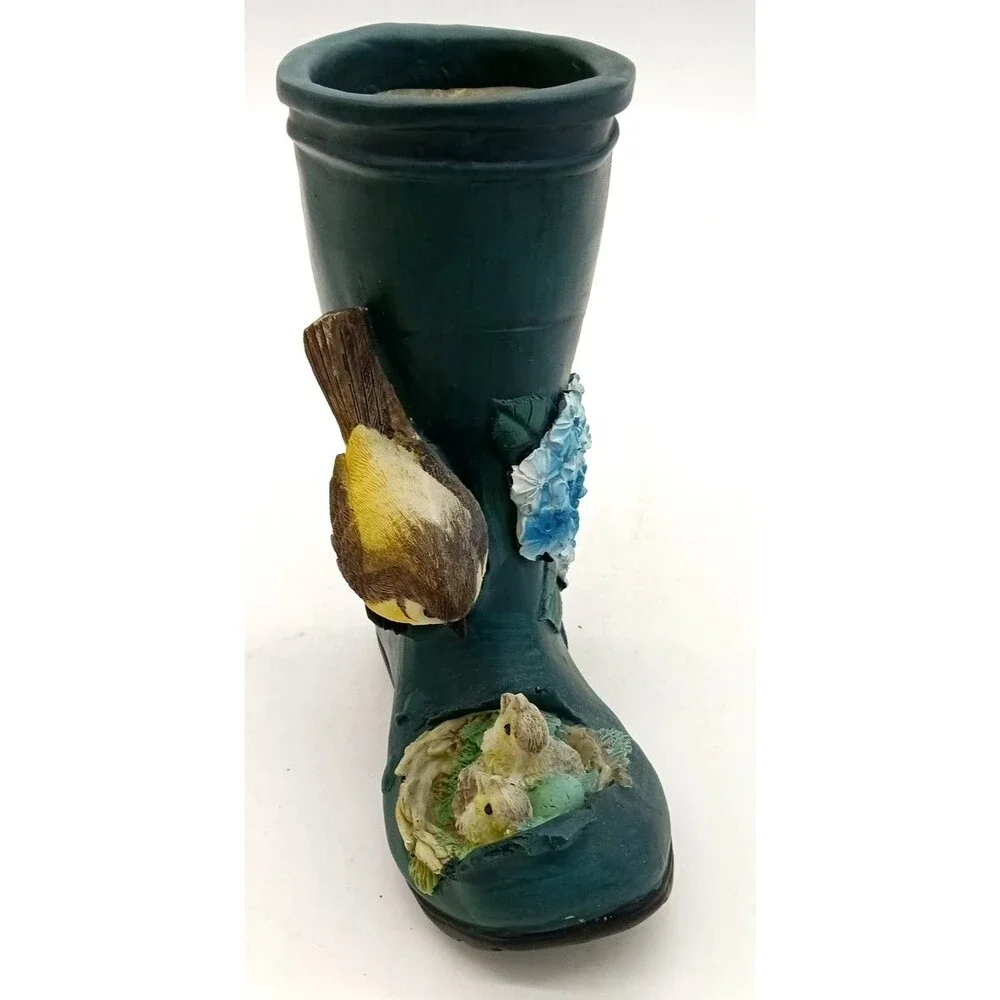 Green Resin Old Rain Boot With Mama Bird & Babies  In Nest Planter